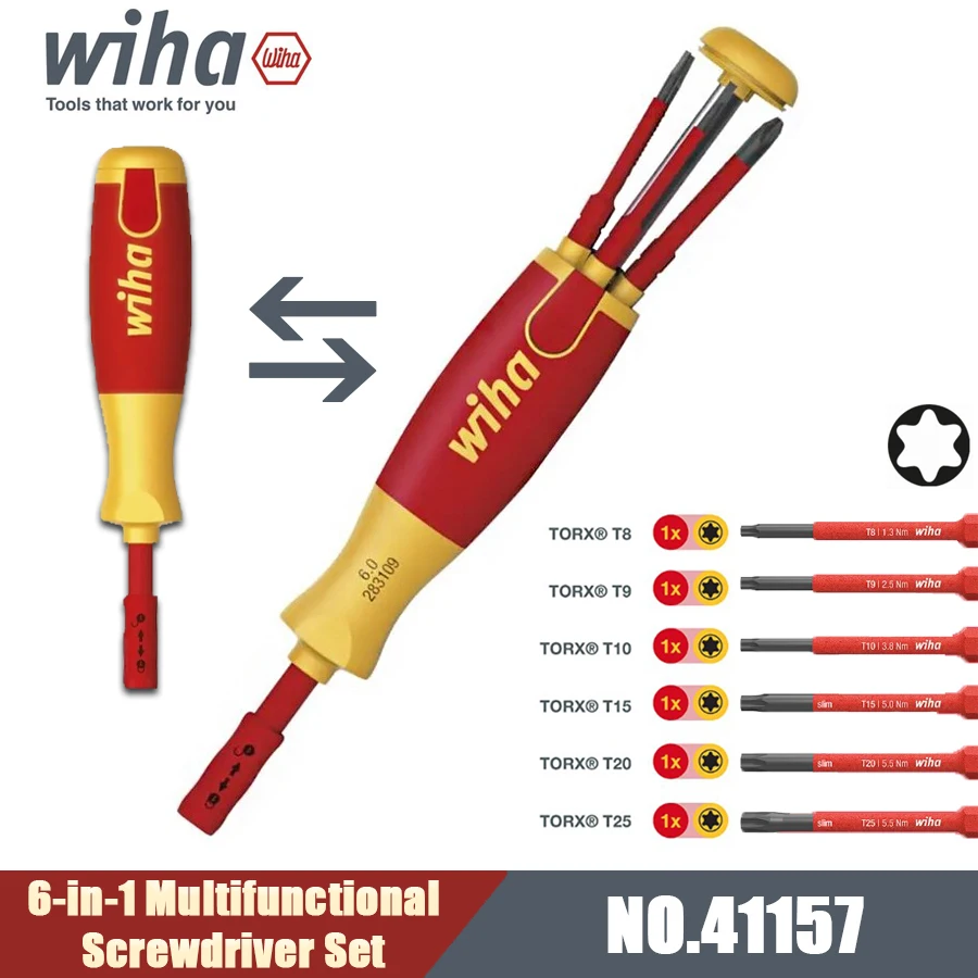 WIHA 41157 6-in-1 Multifunctional Screwdriver Set with 6Pcs Torx Bits Repair Hand Tool