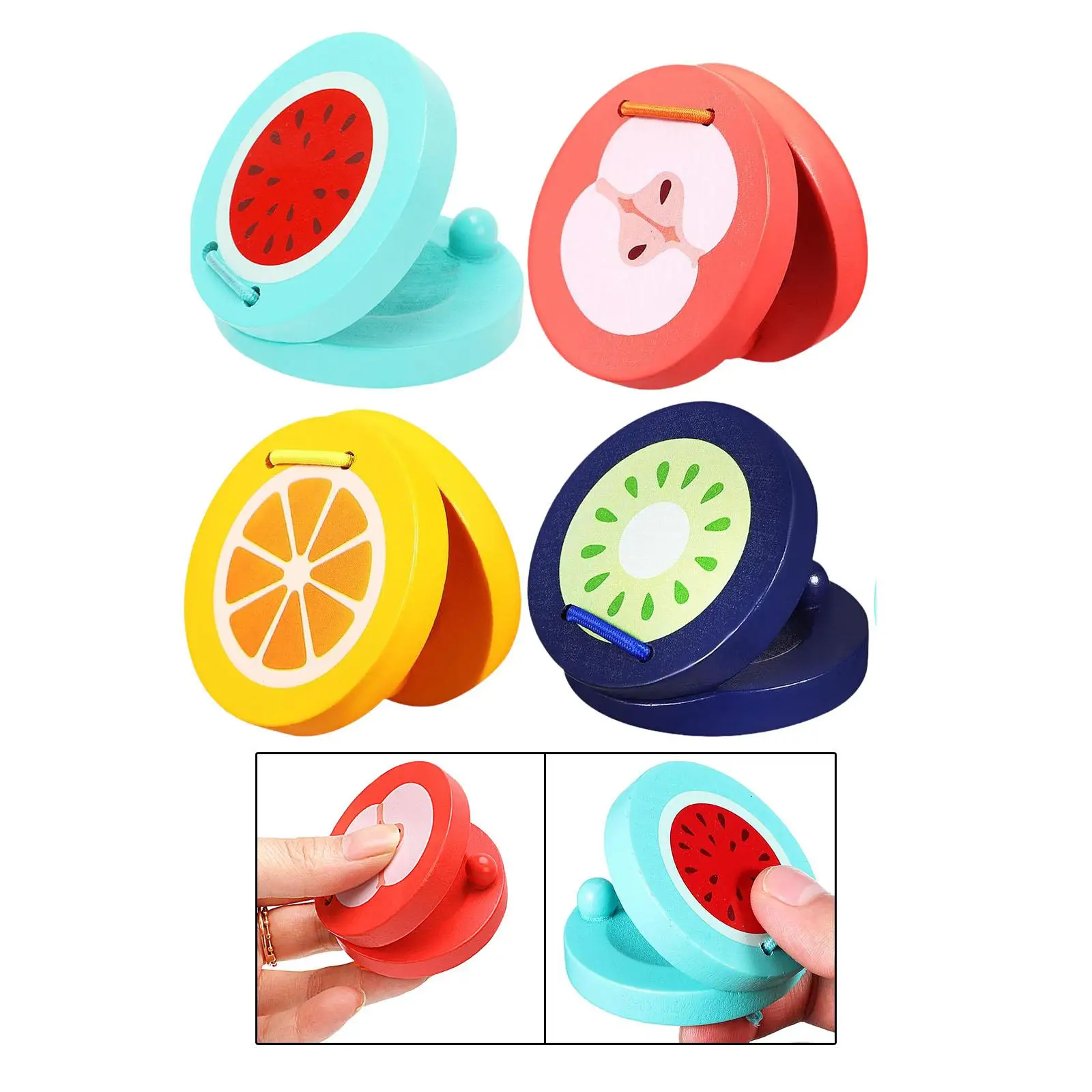 4 Pieces Finger Castanets Party Favor Preschool Learning Toy Music Toy Cartoon Fruit Castanet for Children Kids Baby Girls Boys