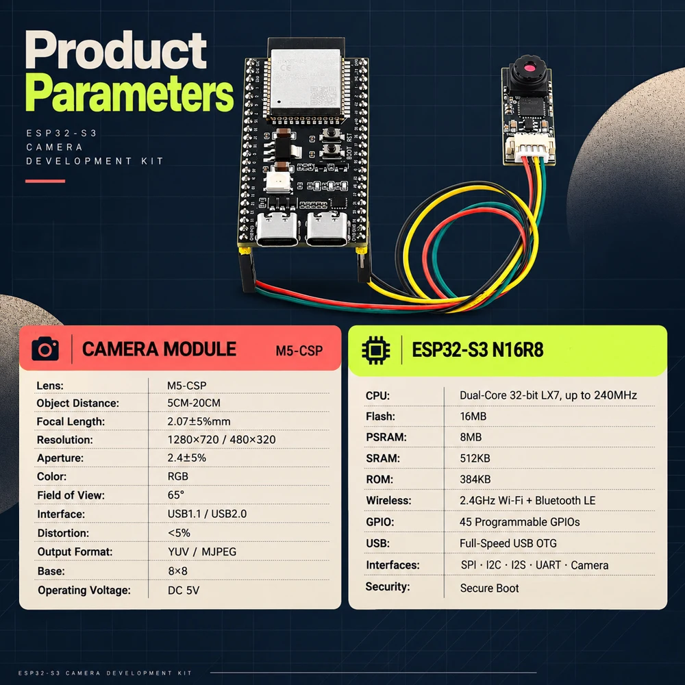 Neues ESP32-S3 N16R8 Entwicklungsboard mit USB-Kameramodul-Kit 720P 1280*720 1MP 65 Grad für Android Win 10 11 ESP32S3 IOT – Detail 4
