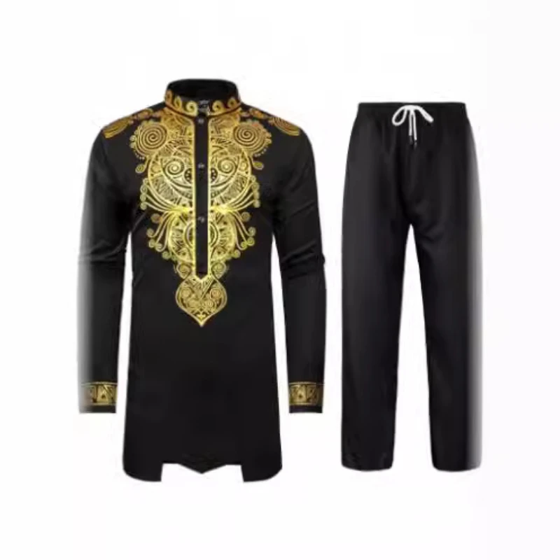 Men African Two Piece Set Traditional Suit Long Sleeve Gold Print Shirt Pants Party Africa 2024 Summer Gentleman Ethnic Outfit