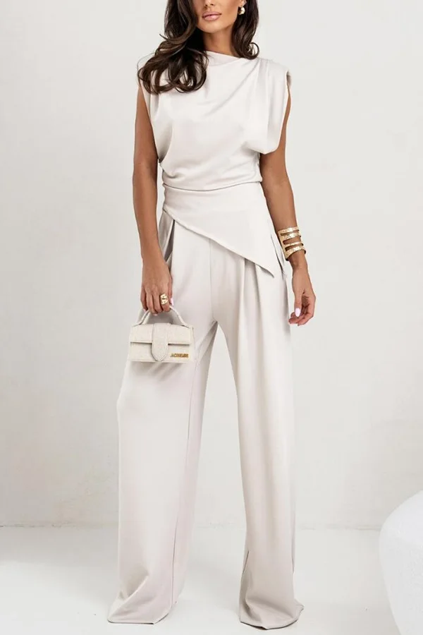 

Women's Fashion Pants Set Niche Solid Color Irregular Sleeveless Temperament, Spring Summer Tops Wide Leg Pants Two-piece Set