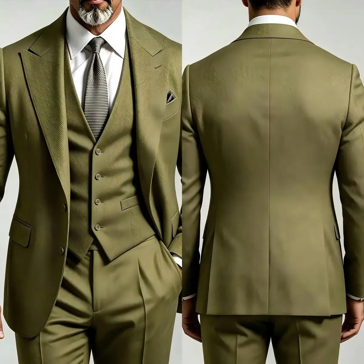 Traje de hombre de lujo en color verde oliva, de tres piezas, con chaleco y blazer, ideal para fiestas, eventos formales y como traje de novio, con opción de personalización. Modelo M267355.