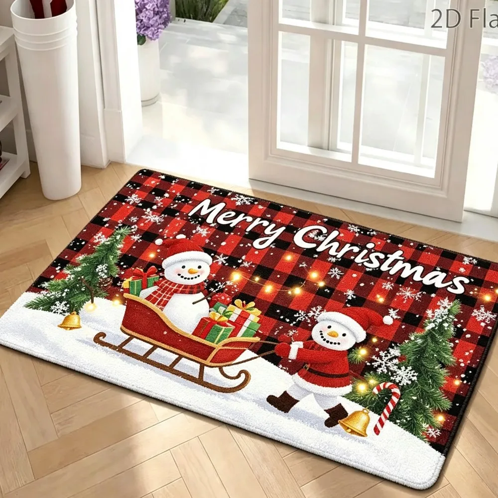 Jingle Bells Red Bell Door Mat Golden Bells Red Bow Pine Branch Snowflake Non Slip Washable Floor Mat For Christmas Entryway