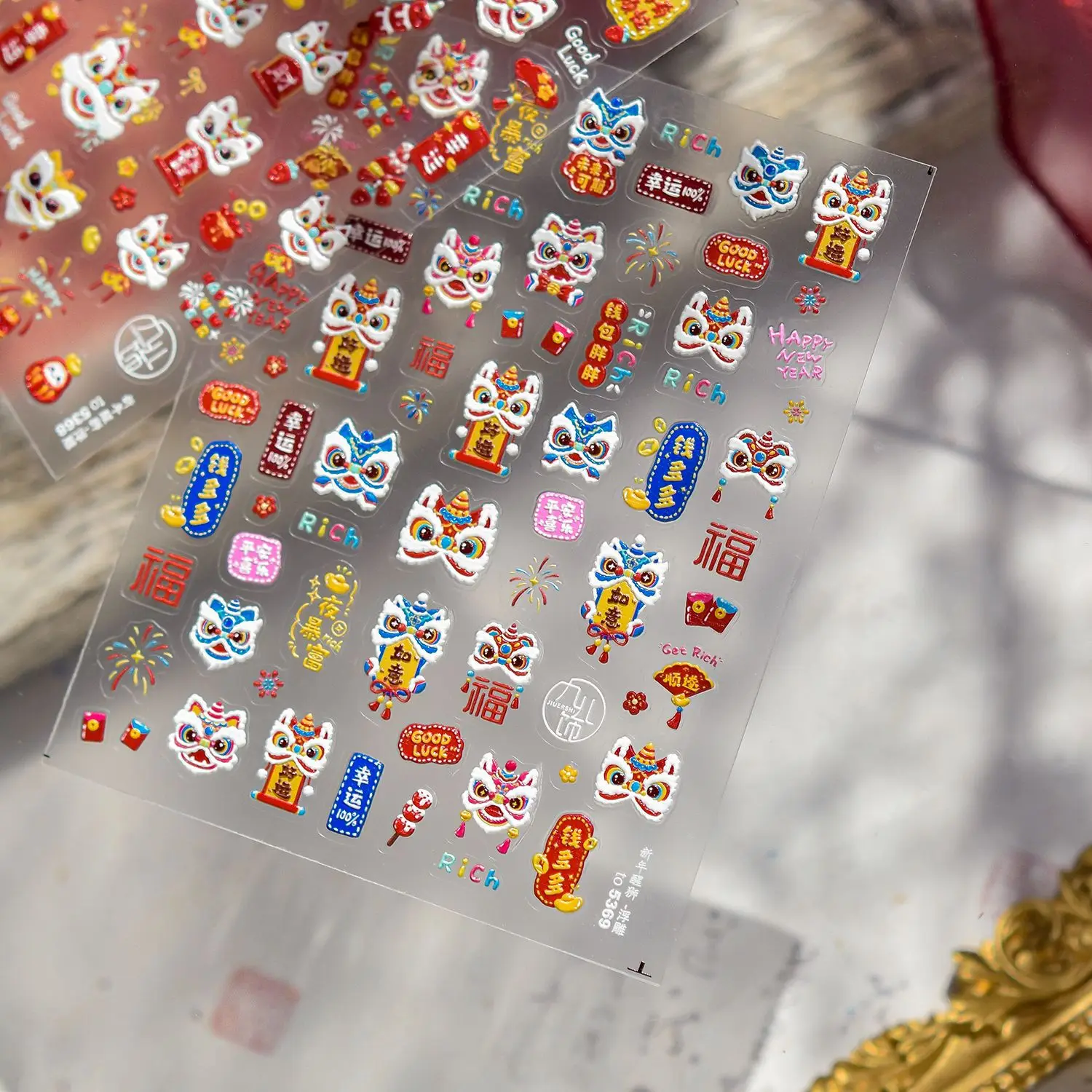 

Chinese New Year Chinese Knot Firecracker Lion Hat Lantern Calabash Red DIY Relief Self Adhesive Nail Art Sticker Manicure Decal