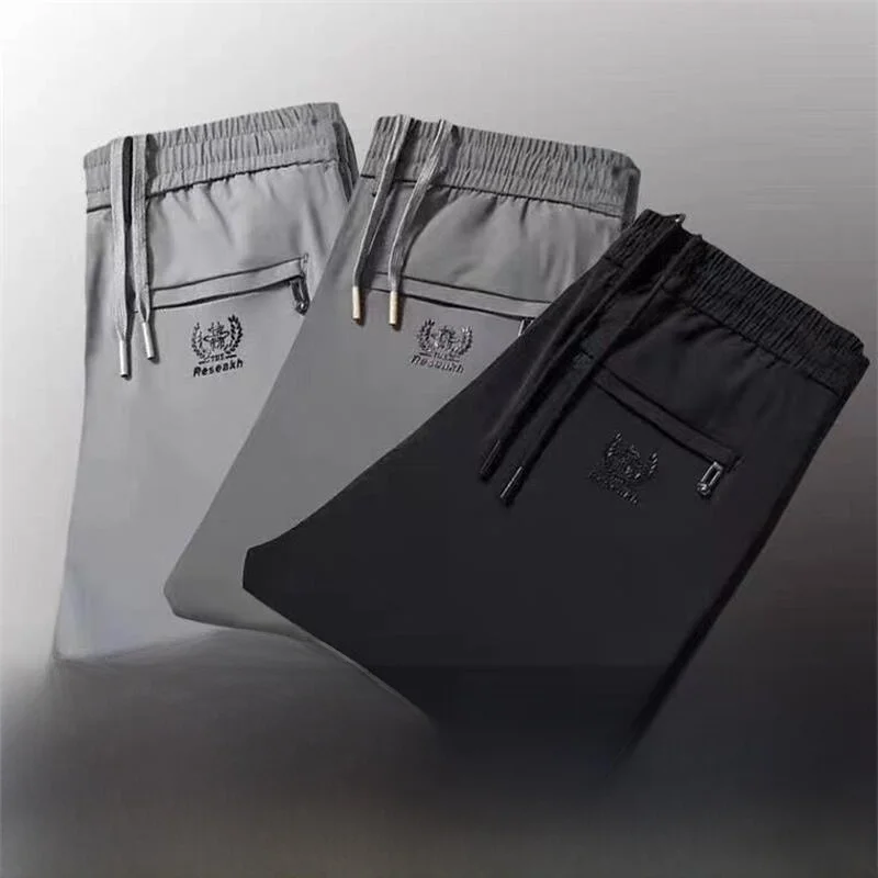 Men's Summer Thin Ice Silk Loose Straight Leg Sports Pants Black Grey Lightweight Breathable Casual Trousers Low Waist