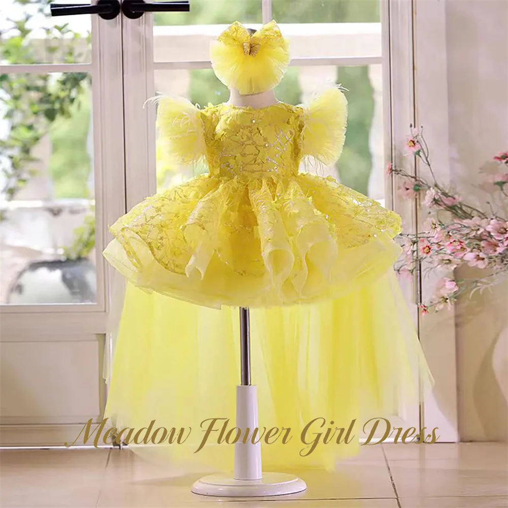 Meadow Yellow Pageant Dresses for Girl Round Neck Short Sleeve Children Birthday Wedding Dresses A Line First Communion Gown