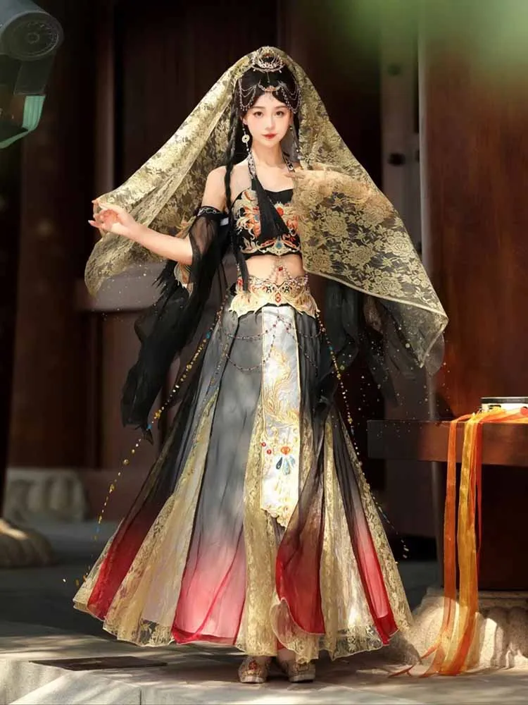 

Sexy Exotic Dance Dress Women Ancient Chinese Gradient Black&Red Embroidered Hanfu Dress Stage Performance Costume Cosplay