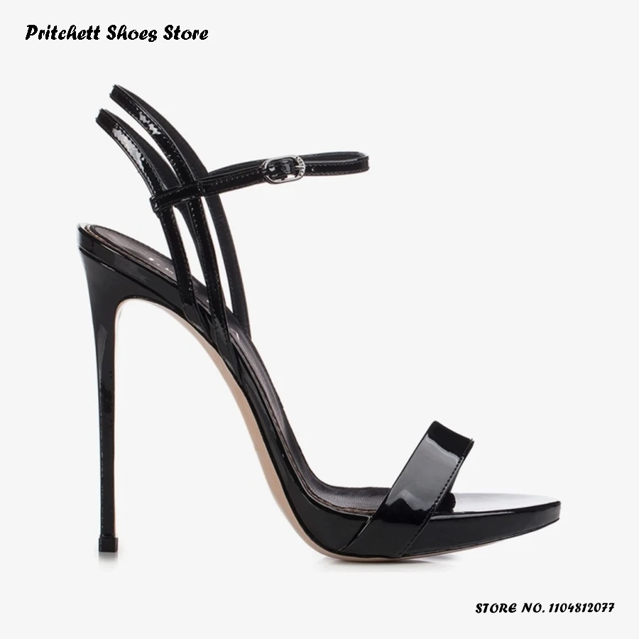 Women's Ankle Strap Platform Sandals Patent Leather Round Open Toe Thin Heels Shoes Summer Daily Outfits Buckle Strap Stilettos