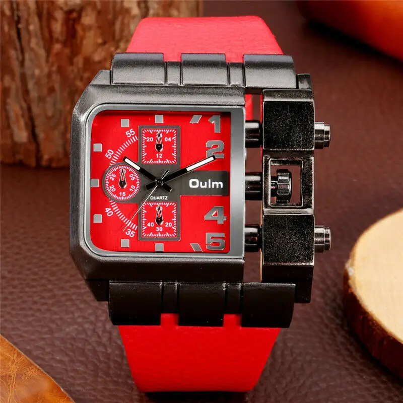 Oulm Military Big Dial Watches Men\'s Quartz Movement Wrist Watch Sports 3 Time Zone Decotaion 3 Small Dials Leather Strap Watch