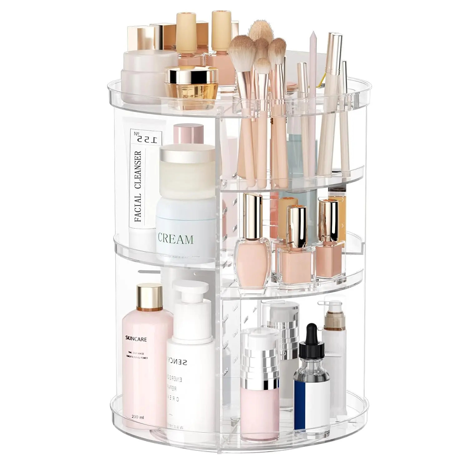 Rotating Makeup Organizer |  Spinning Skincare Storage | Cosmetic Display Case with Brush Holder & Perfume Tray