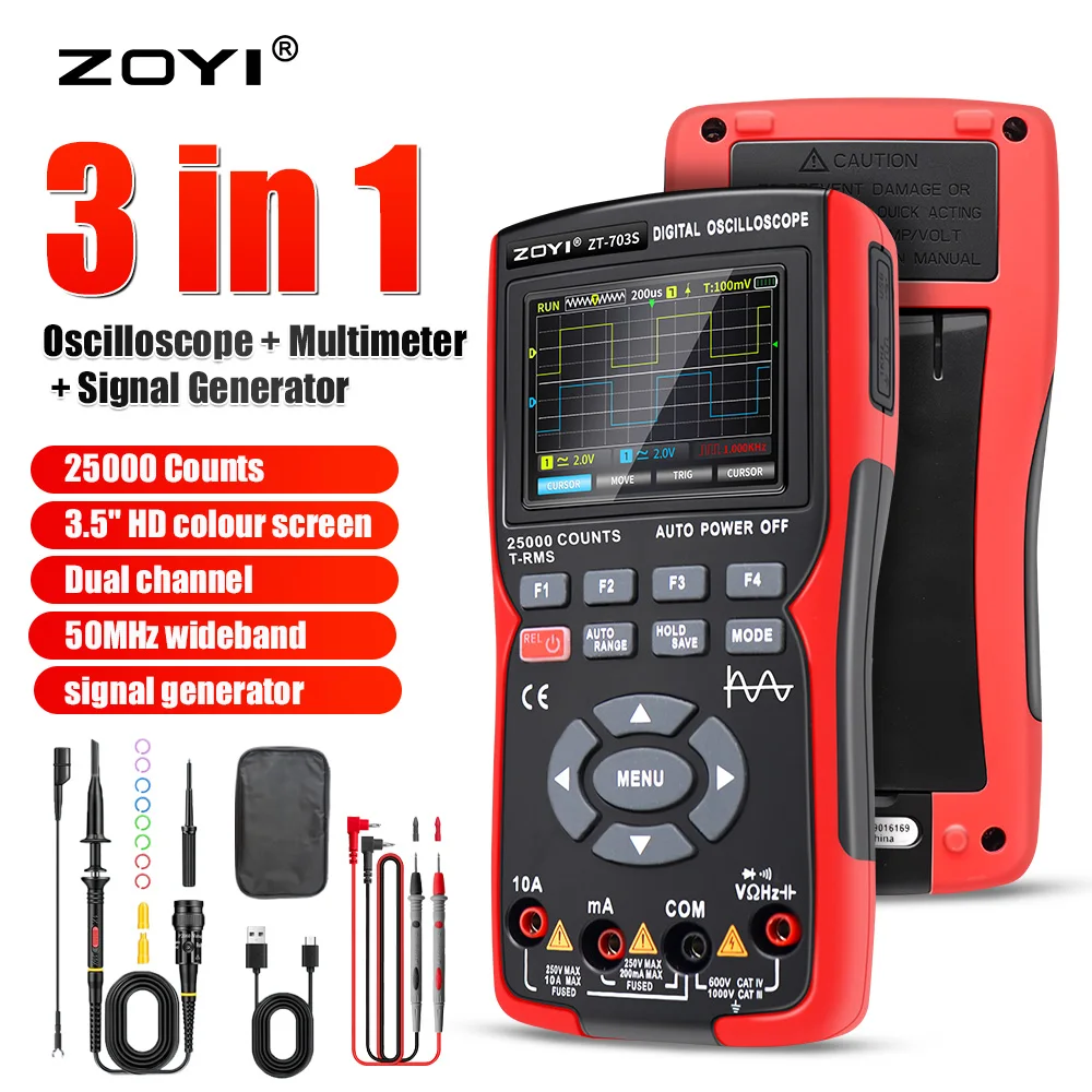 ZOYI ZT703S 3in1 Digital Multimeter 50MHz Bandwidth 280MS Rate PC Waveform Data Storage Dual Oscilloscope Signal Generator