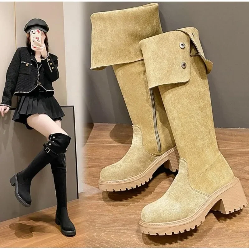 Chunky Heel Knee High Boots for Women High Heel Snow Shoes 2024 Winter Warm Lamb Wool Boots Versatile High Top Knight Boots