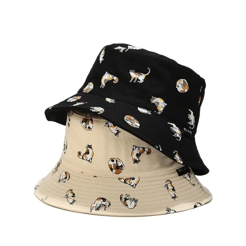 

2022 Cotton Cartoon Cat Embroidery Bucket Hat Fisherman Hat Outdoor Travel Sun Cap for Men and Women 124