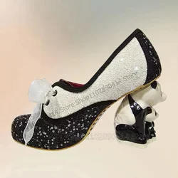 Black White Sequins Mesh Strap Animal Heel Pumps Lace Up Women Shoes Strange Style Heels Fashion Party 2024 Zapatos Para Mujere