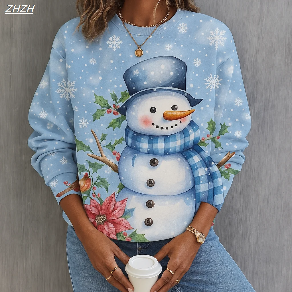 

2024, рождественские женские толстовки с рисунком снеговика, повседневные топы с длинными рукавами и круглым вырезом, обычные топы, уличная повседневная одежда, повседневная осень-зима