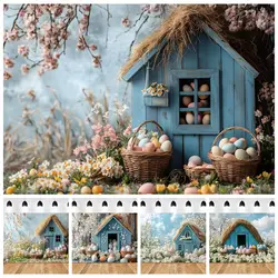 Spring Easter Backdrop for Photography 2025 Flowers Blue Cottage Eggs Kids Birthday Party Portrait Photo Background Photostudio