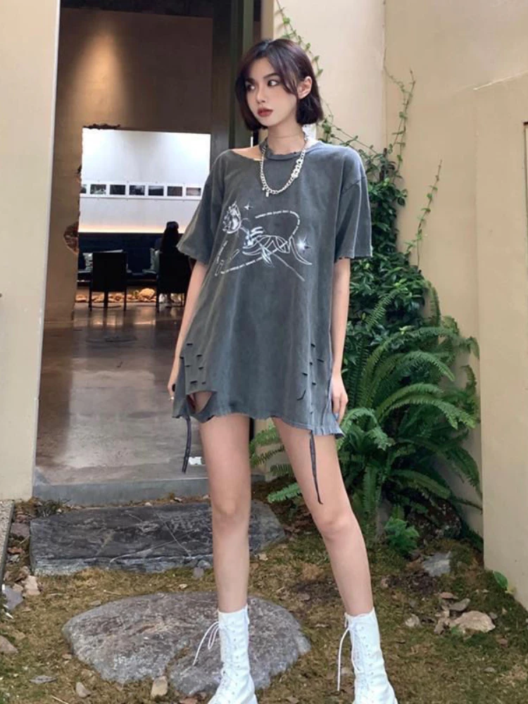 Punk Gothic Y2k Tees Off Shoulder Hole Flower Print Gyaru Oversized Female Tops Harajuku Vintage 2000s Summer T Shirts Clothing