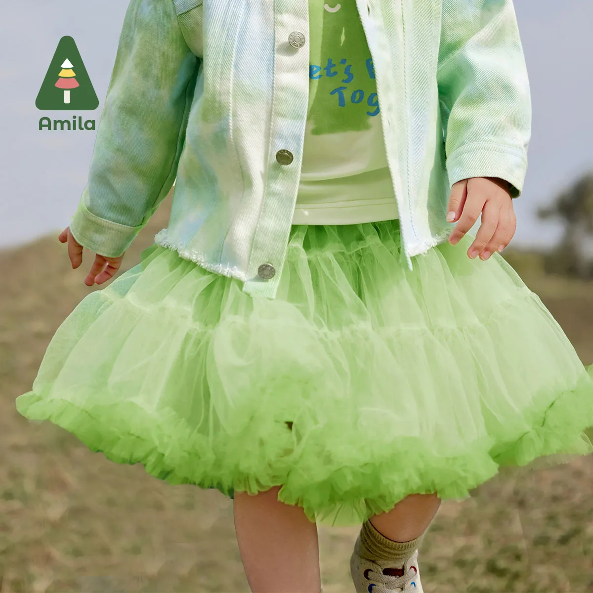 Amila 2024 Spring New Arrivals Girl\'s Skirt Tender Green Cute Dynamic Fashion Mesh Skirt Baby Clothes