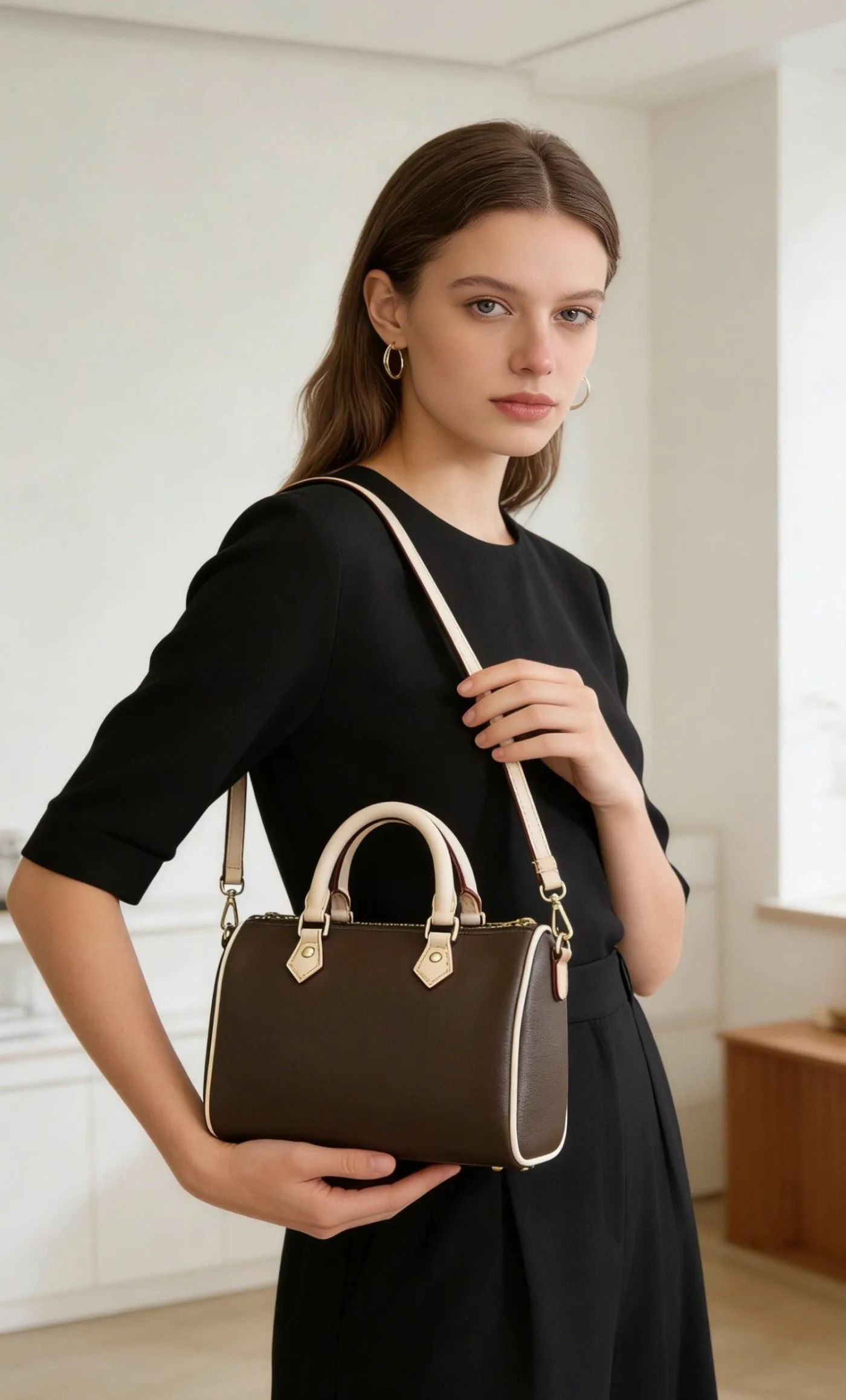 

Classic Dark Brown Mini Tote Bag for Women Structured Shape with Dual Handles and Detachable Crossbody Strap