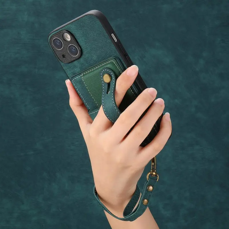 The Back Wrist Strap Leather Wallet Card Phone Case For iPhone 15 14 Plus 13 12 11 Pro XR X XS Max SE 8 7 6 Plus Phone Cover