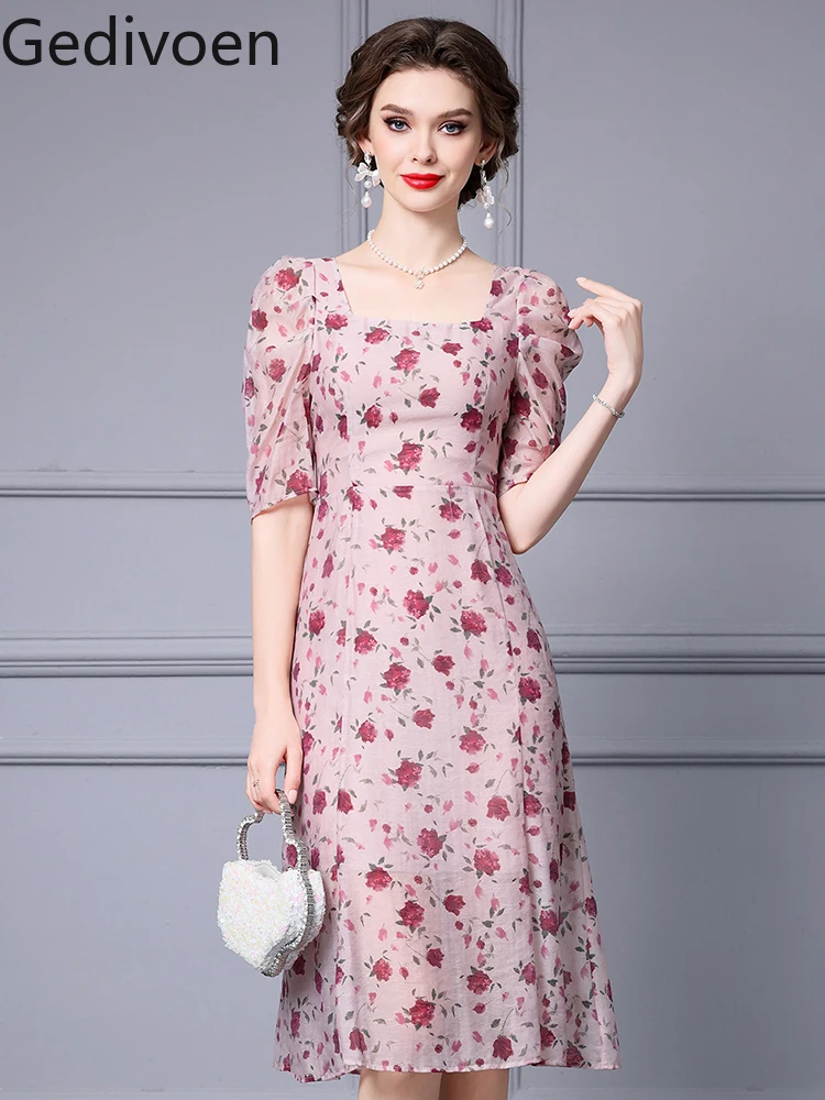 

Gedivoen Fashion Designe Summer Women's Mini Dresses Square Collar Floral Printing Empire Slim Casual Style A-LINE Dress