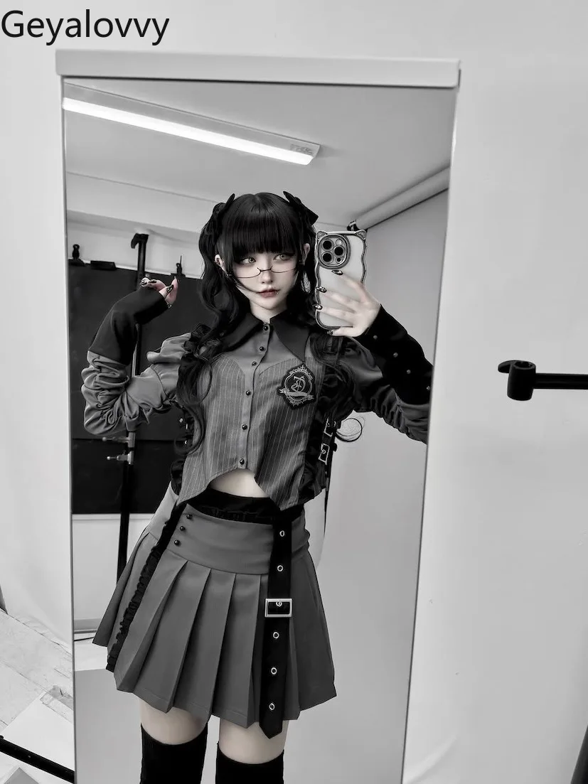 

Gothic Retro College Style Sweet Suit Long-sleeved Pointed Neck Shirt and High-waisted Short Pleated Skirt Two-piece Set