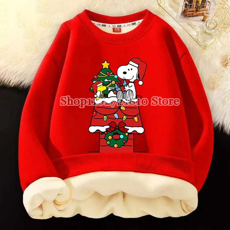 Snoopy Sweatshirt Cartoon Anime Print Crew Neck Top Autumn Winter Thickened Lamb Wool Loose Soft Red Clothing Kids Birthday Gift