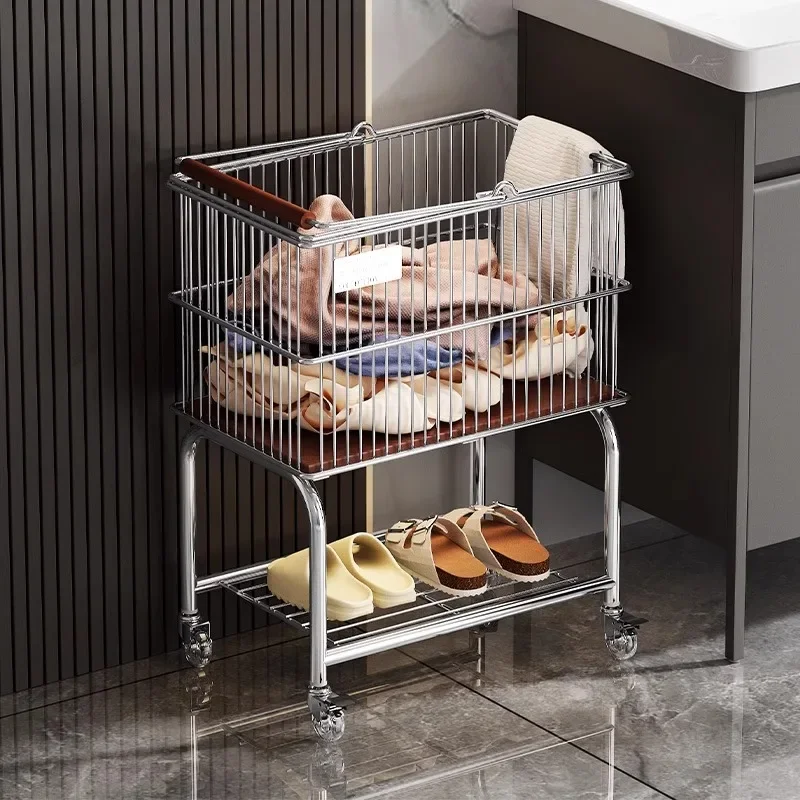 

‌Collapsible Rolling Laundry Hamper 2Tier Bathroom Organizer Cart with Brake Wheels Foldable Clothes Basket for Closet Storage