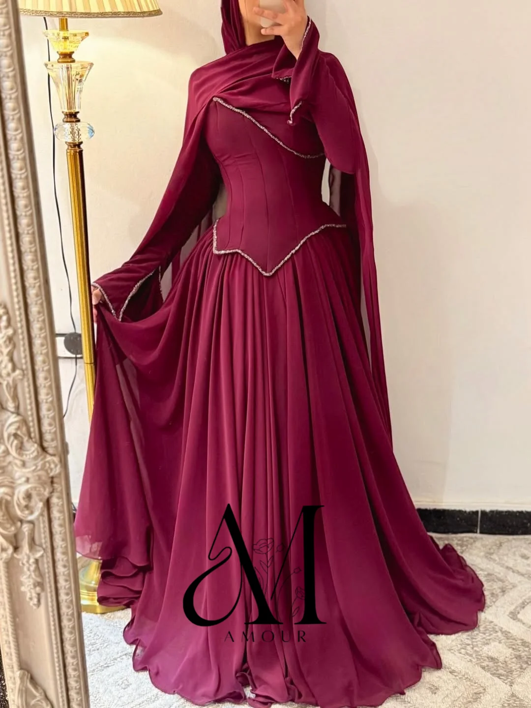 Amour Customized Luxury Evening Dress Long Sleeves High Collar A Line Pleated Evening Gowns for Women Crystal Saudi Formal Dress image 3