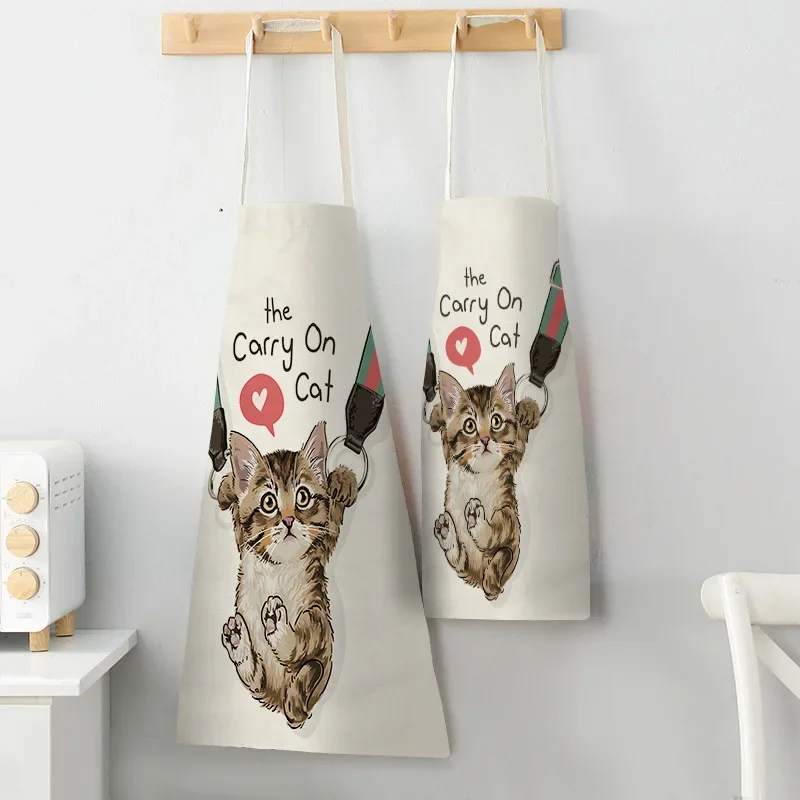 1pcs Linen Hand drawn cute cat theme Print Kitchen Aprons Unisex Dinner Party Cooking Bib Funny Pinafore Cleaning Apron