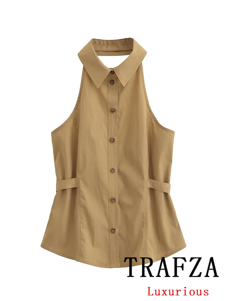 TRAFZA Vintage Sexy Chic Women Halter Tops Solid Single Breasted Backless Sleeveless Short Vest Fashion 2024 Spring Summer Tops