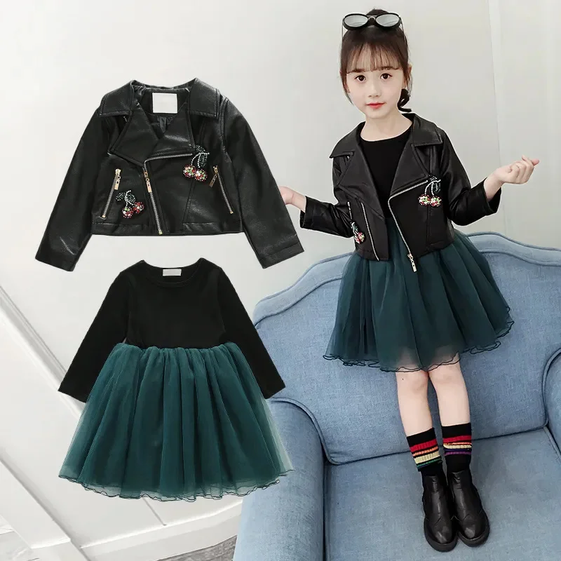 

Girls Leather jacket Princess Dress 2pcs/set New Autumn Winter Kids Mesh Party Outfit Children Clothing set 3-12 Yrs