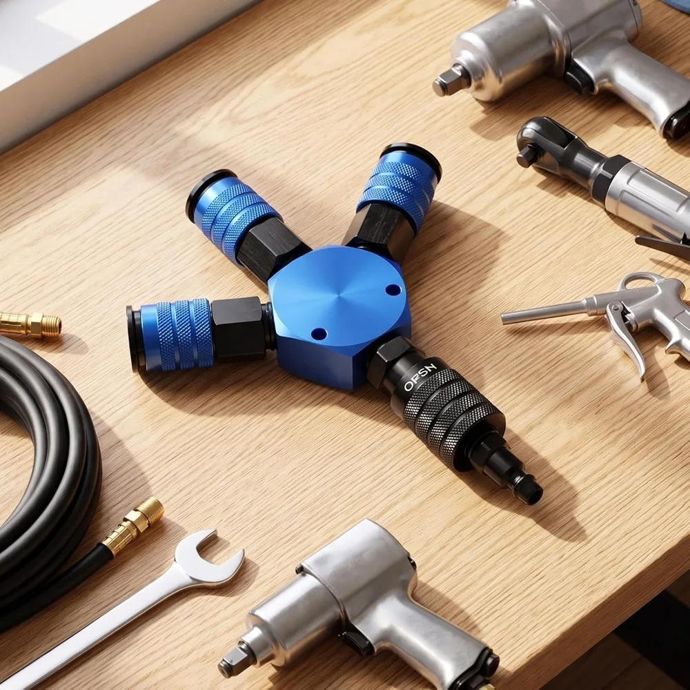 Thread Design 3 Way Air Hose Splitter 1/4 Inch NPT Size Hex Style Air Manifold Fitting Industrial Grade Male Quick Connect