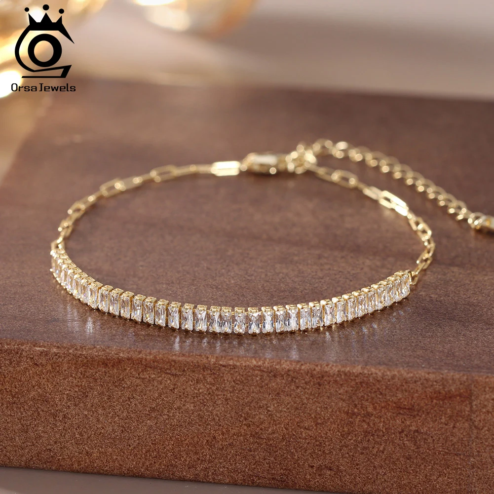 

ORSA JEWELS 3mm Dainty Iced Out Tennis Chain Bracelets 925 Sterling Silver Cubic Zirconia Hand Chain Women Jewelry Gift SB215