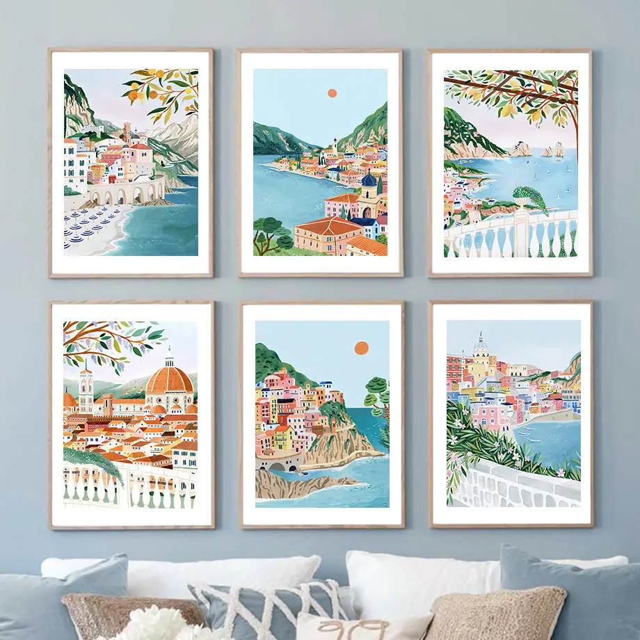 The Amalfi Coast Lake Garda Sicily Lake Como Italy travel ART printing Wall Art Canvas Painting Nordic Poster Living  Room Decor