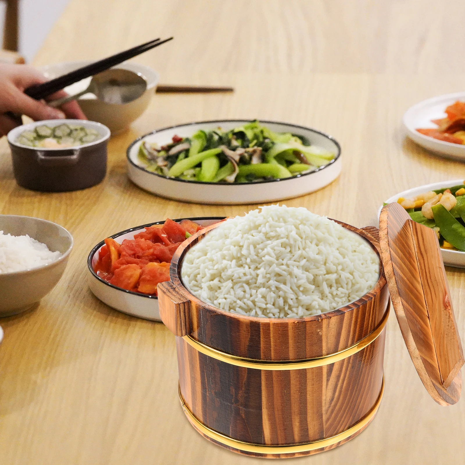 

Wooden Rice Bucket 16cm Carbonized Steamer Stainless Inner Pot Sushi Sashimi BBQ Home Hotel Restaurant Food Mixing Container