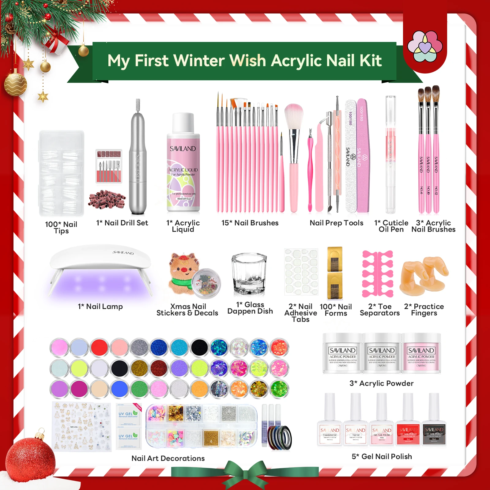 SAVILAND 24-Tage-Weihnachts-Acryl-Nagelset, Adventskalender mit Nagelbohrer und Aufklebern, Urlaubs-Maniküre-Geschenkset für Frauen