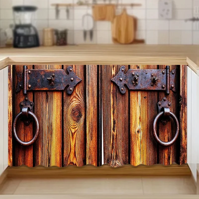 VIKAMA Kitchen Short Curtain Cabinet Features A Rustic Wood Grain Design, Ideal For Pantries And Storage Closets.