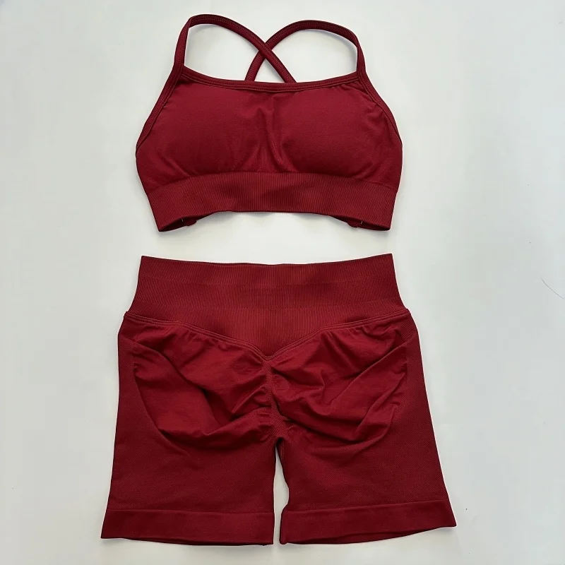 No Logo Yoga Gym Set Women Seamless Yoga Set 2 Pieces Workout Shorts Set Backless Sports Bra Scrunch Bum Shorts Fitness Clothes image 6