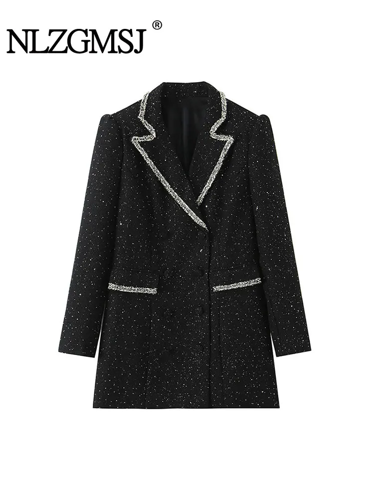 

NLZGMSJ женский блейзер с блестками, осень 2024, двубортное пальто с длинными рукавами и v-образным воротником, офисный костюм, куртка OL Y2K