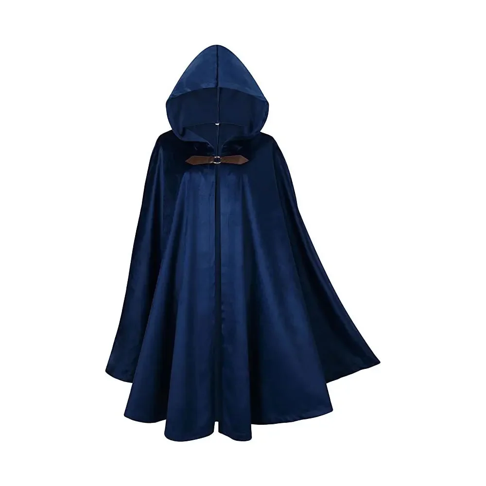 Unisex Medieval Deer Suede Mid-Length Hooded Cloak Halloween Retro Battle Warrior Knight Wizard Cape Cosplay Costume Men Coat