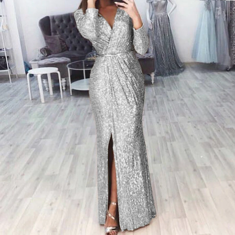 Chic Ladies Glitter Sequins Party Gowns 2024 High Split Bodycon Evening Dress Women Elegant Long Sleeve High Waist Banquet Dress