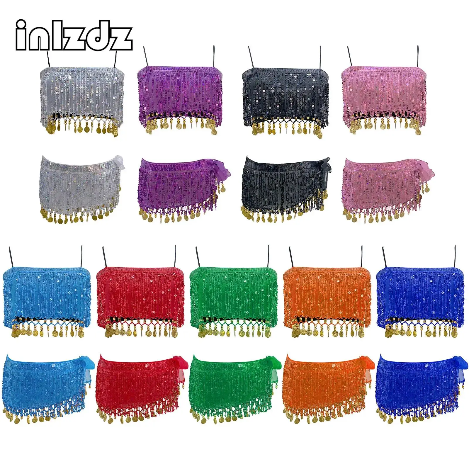 

Womens Belly India Folk Dance Set Making Crisp Sound Sequin Tassel Top Crop Camisole Safety Shorts Hip Scarf 4-piece Dancewear