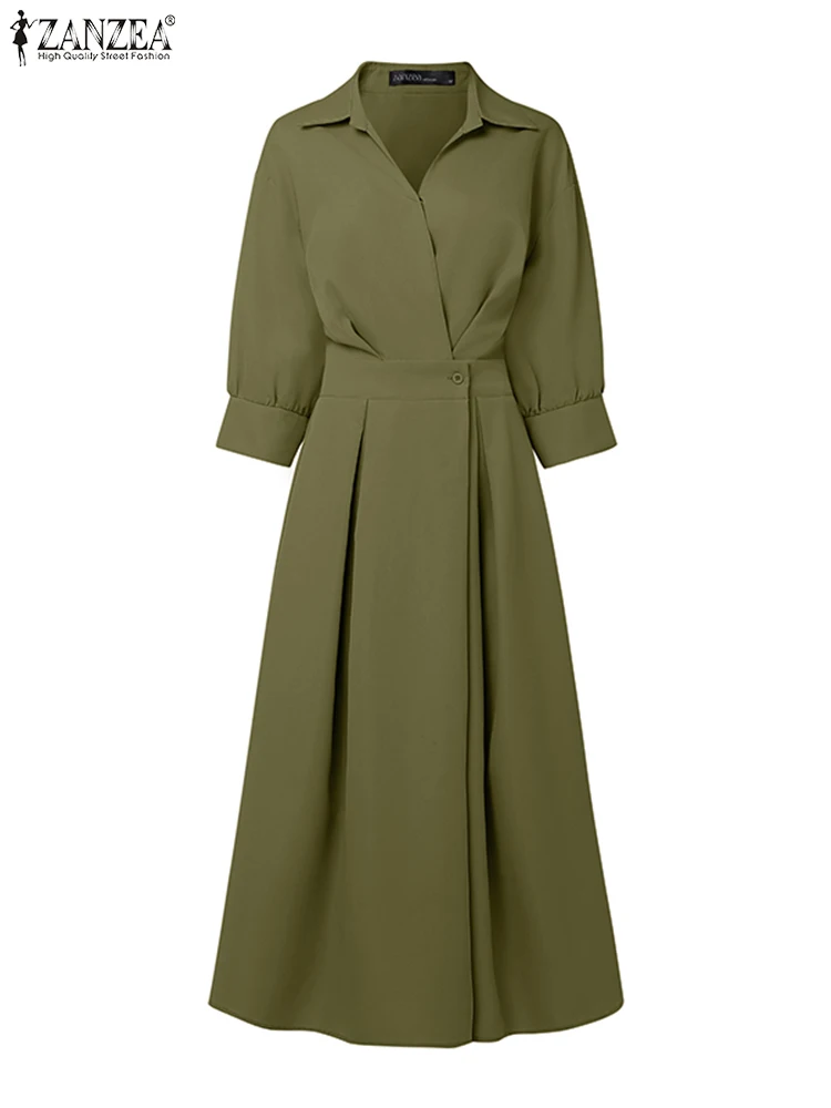 ZANZEA Elegante Lange Hemd Kleider 2025, Frauen Herbst Revers 3/4 Hülse Party Sommerkleid Fashion Solid Hohe Taille Plissee Maxi Robe