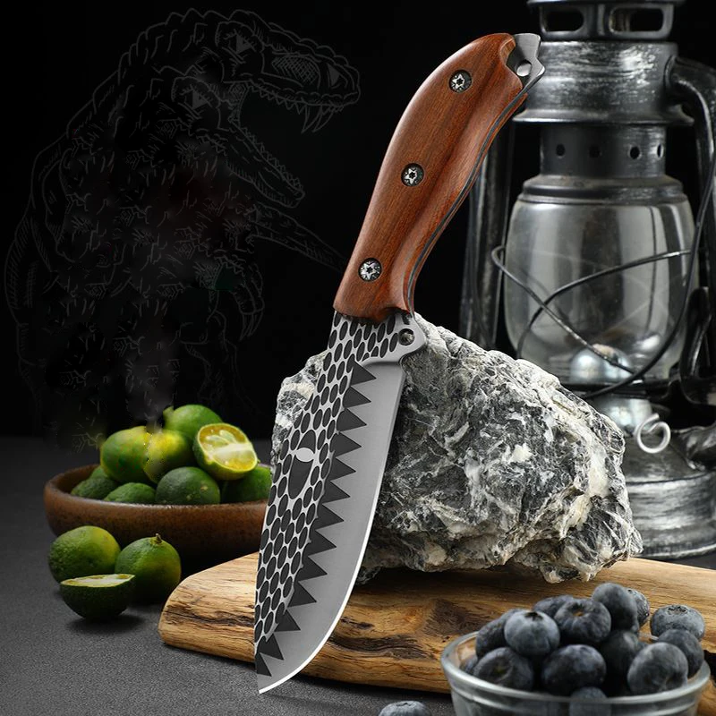 9.5 inch multi-purpose fruit knife, high carbon stainless steel 4mm thick, surface pattern, solid wood handle, outdoor tactical