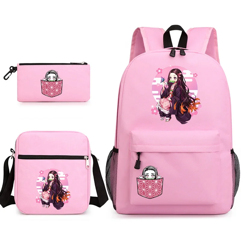 Cute Kamado Nezuko 3-Piece Backpack New Anime Kamado Nezuko Backpack Shoulder Bag Pencil Bag School 3-Piece Backpack