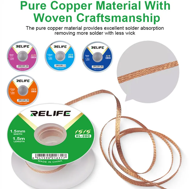 

RELIFE RL-20C 1.5/2/2.5/3/3.5mm Solder Wick for Mobile Phone Low-residue Copper Desoldering Braid Low Residue Tin Repair Tool