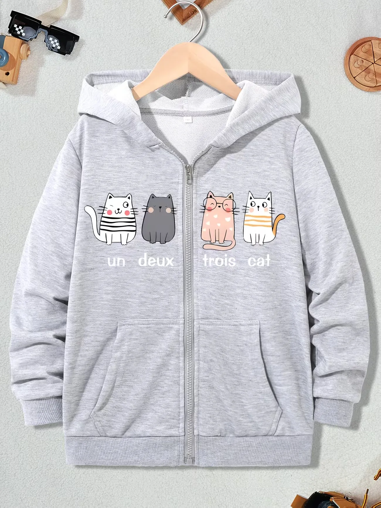 Kawaii Cat Print Casual Hoodie Jacket for Boys Girls Zipper Warm Fleece Trendy Cartoon Sweatshirts Zip Up Winter Autumn