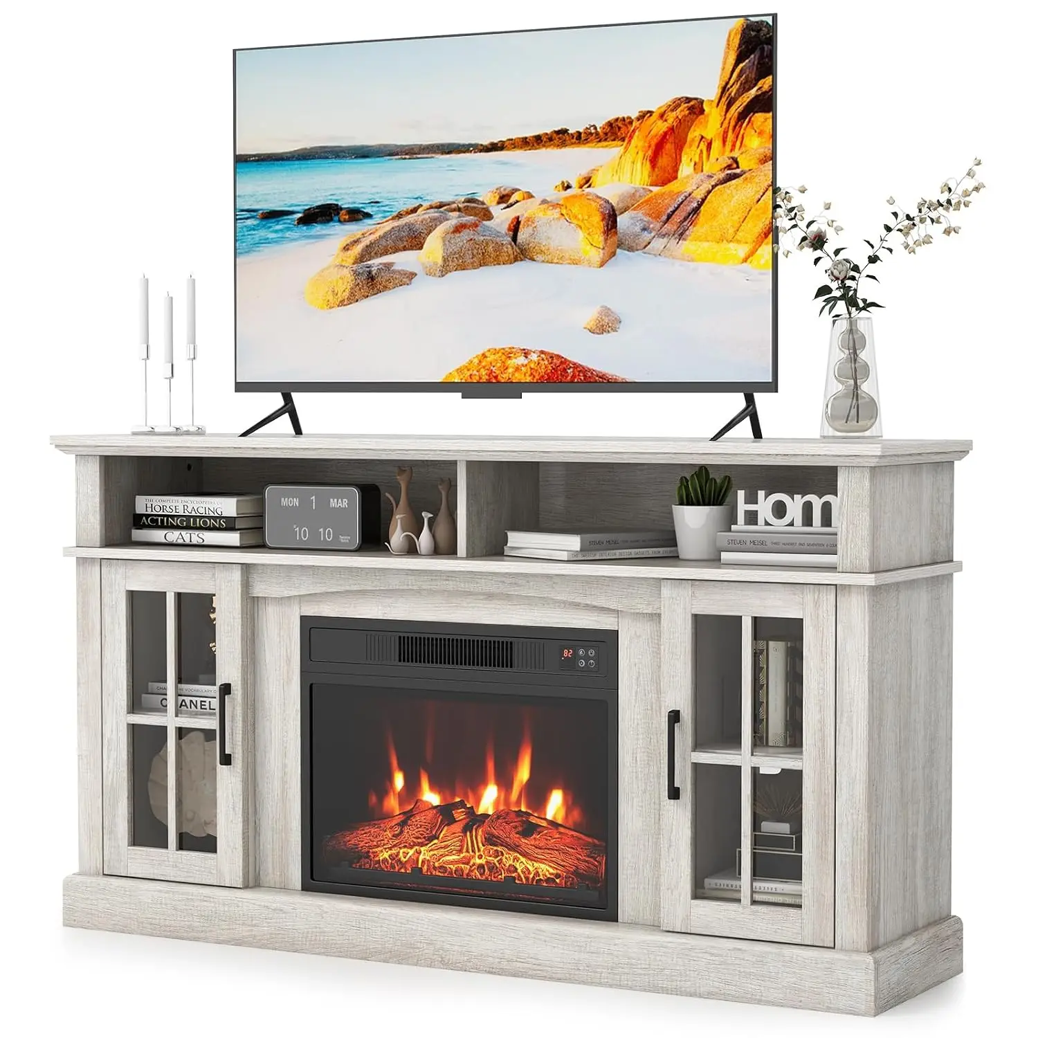 Electric Fireplace TV Stand 65'' TV, Media Center W/23'' Fireplace, 3-Level Flame, Remote & Storage, Living Room, Customized
