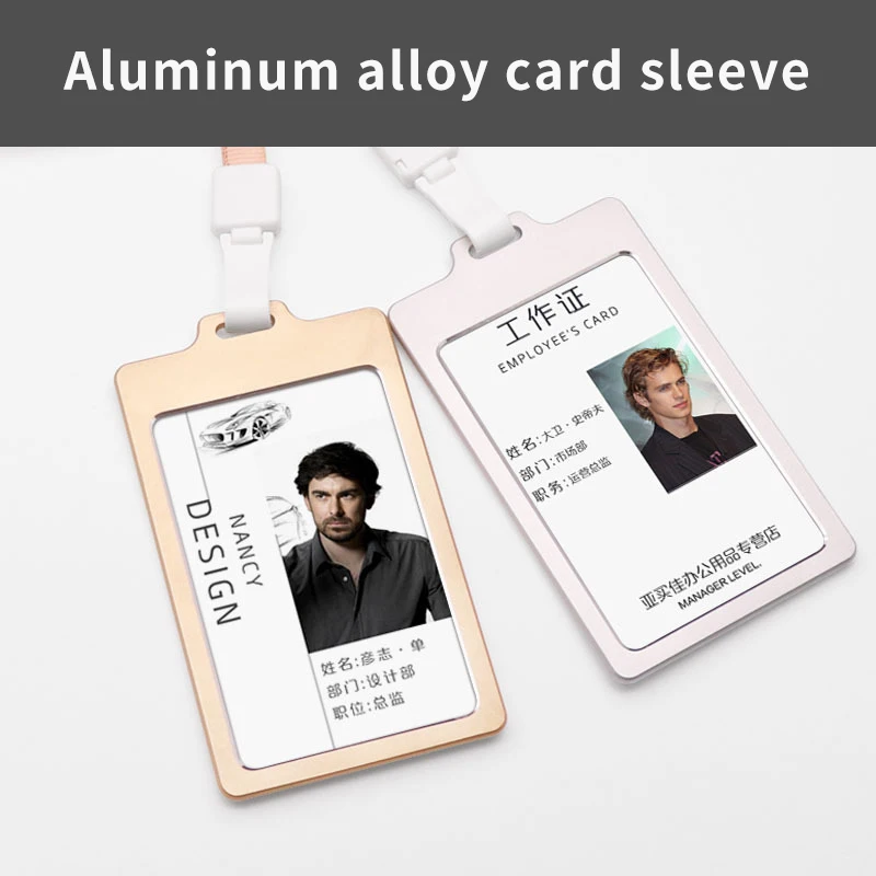 Card Holder Neck Strap with Lanyard Badge Holder Work ID Card Bus Business ID Holders Aluminum Alloy Card Holder Office Supplies